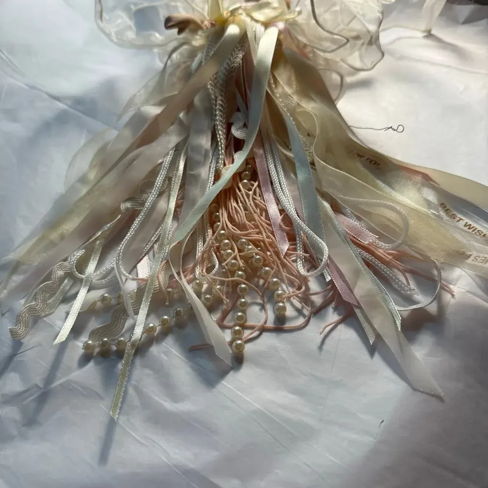 VTG Porcelain Angel Christmas Ornament Cream Pink Pearl Lace Feathers Ribbon 12”